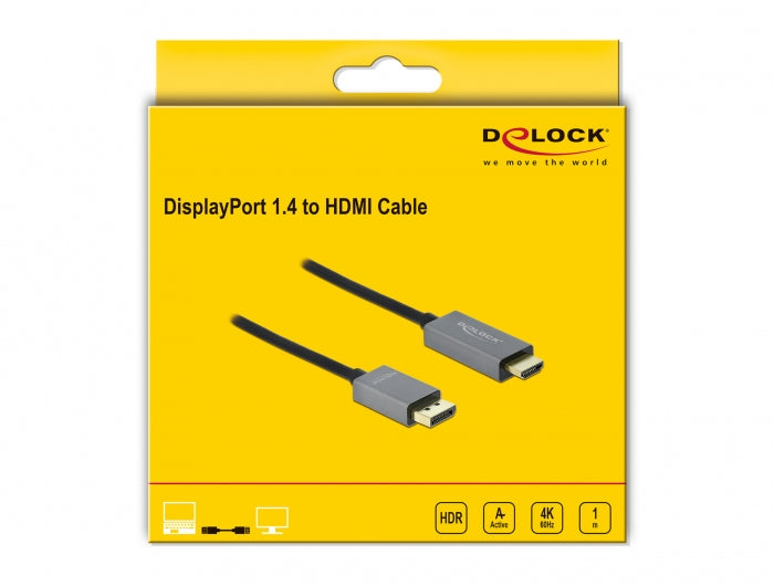 DeLOCK DisplayPort auf HDMI Kabel DP 1.4 4K 60 Hz – 1 m – aktiv, HDR – Schwarz/Grau