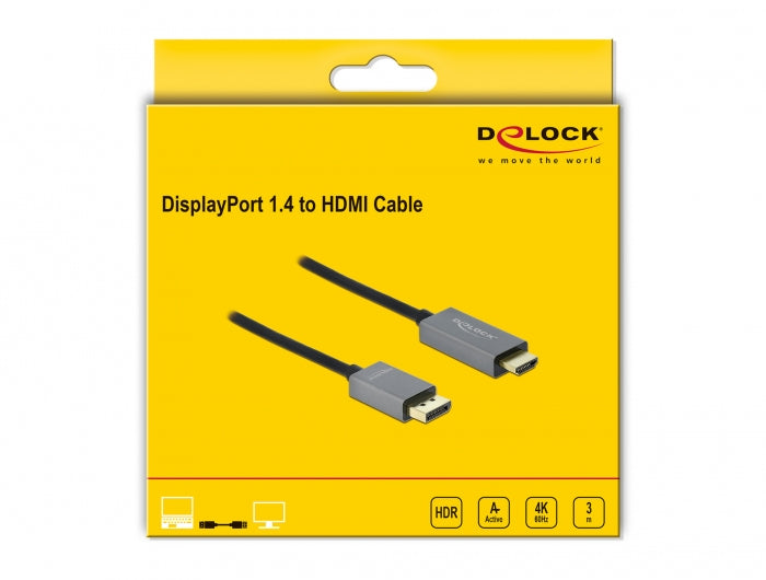 DeLOCK DisplayPort auf HDMI Kabel DP 1.4 4K 60 Hz – 3 m – aktiv, HDR – Schwarz/Grau