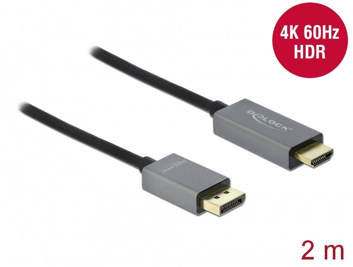 DeLOCK DisplayPort auf HDMI Kabel DP 1.4 4K 60 Hz – 2 m – aktiv, HDR – Schwarz/Grau