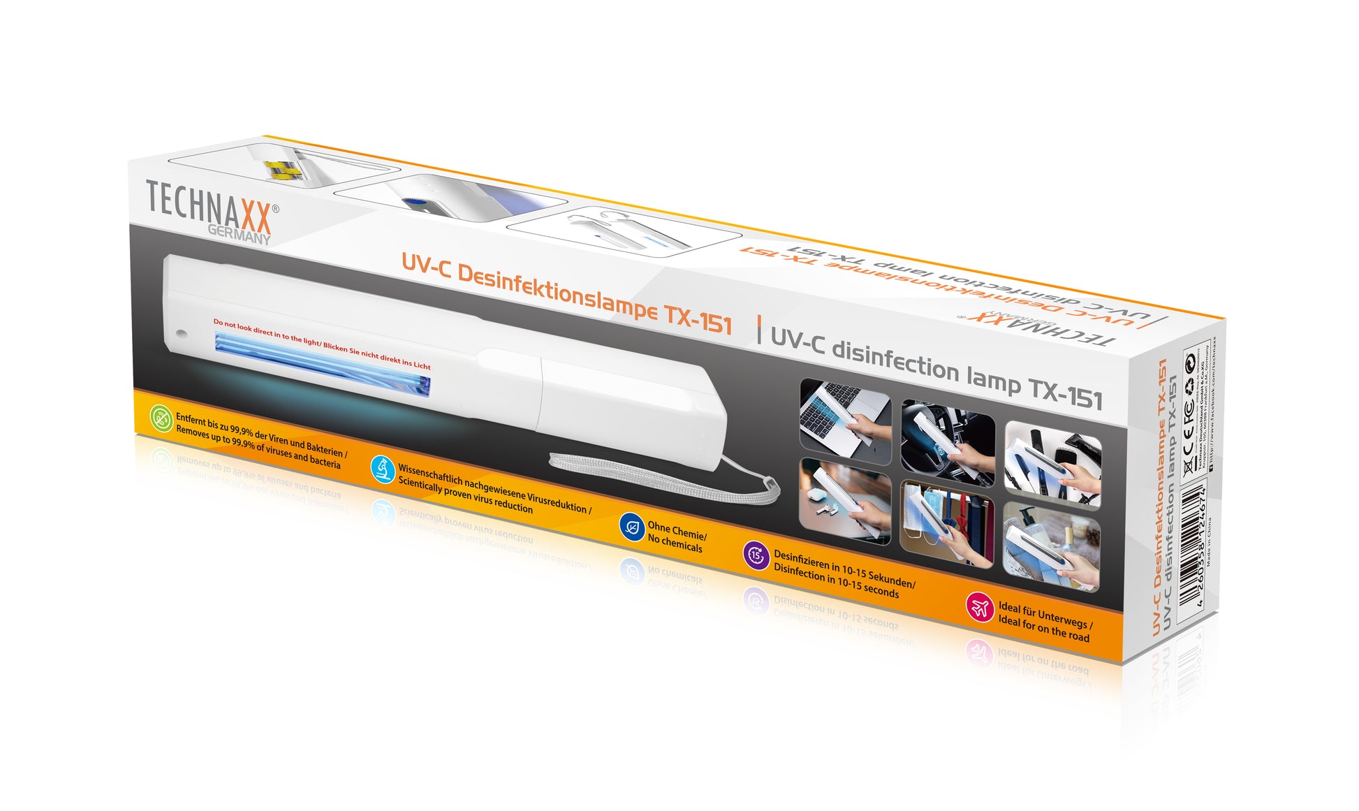 Technaxx TX-151 – UV-C-Desinfektionslampe, 253,7 nm, 3 W, Akku, Weiss