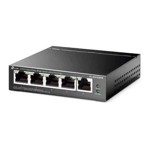 TP-Link TL-SG105PE – Managed L2 Switch – 5× 1G, 4× PoE+, PoE-Budget 65 W, Desktop