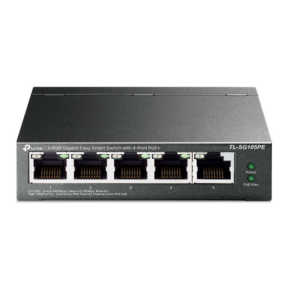 TP-Link TL-SG105PE – Managed L2 Switch – 5× 1G, 4× PoE+, PoE-Budget 65 W, Desktop