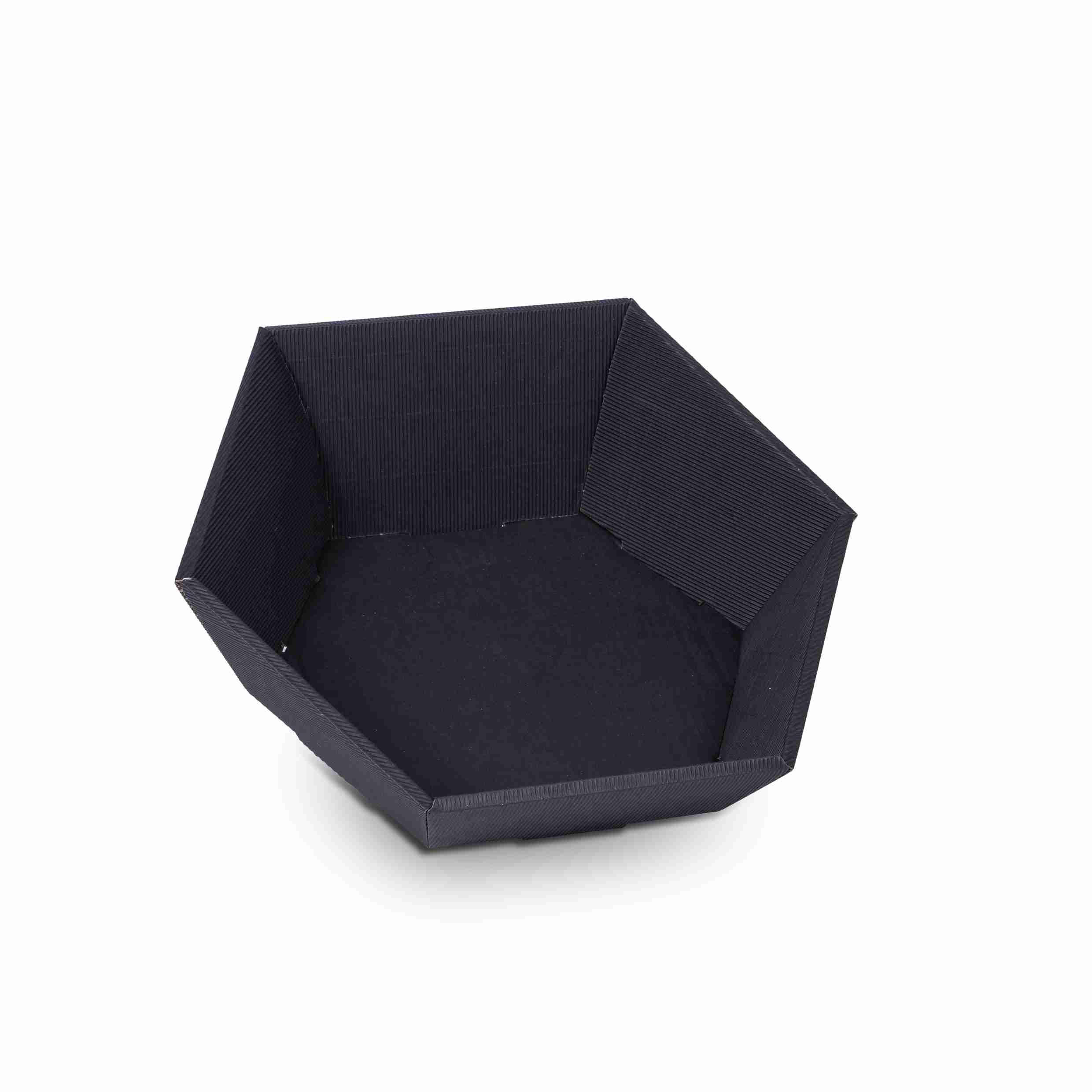 Geschenkkorb sechseckig schwarz – Innenmass 380 × 75 × 340 mm – Wellpappe – 1 Stk., ab 20 Stk.