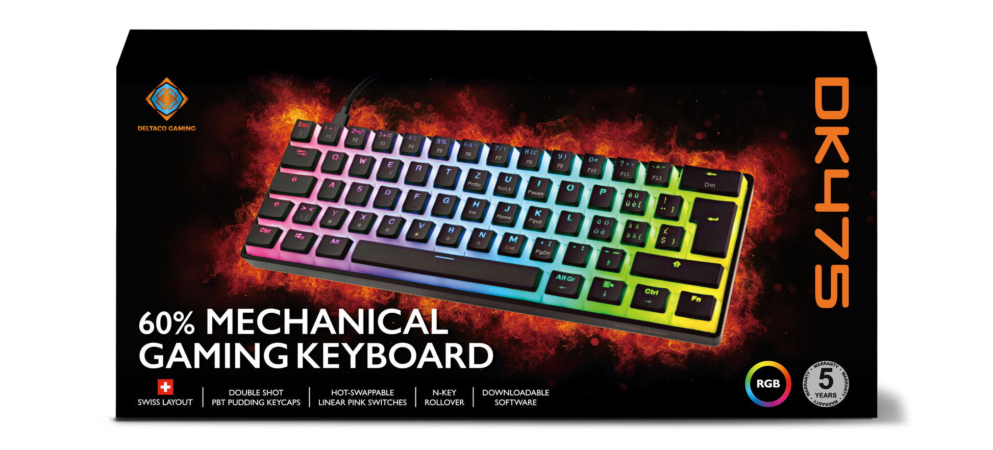 Deltaco Gaming GAM-075V2 – Gaming-Tastatur 60% – Mechanisch – USB-C – RGB – QWERTZ (CH) – Schwarz