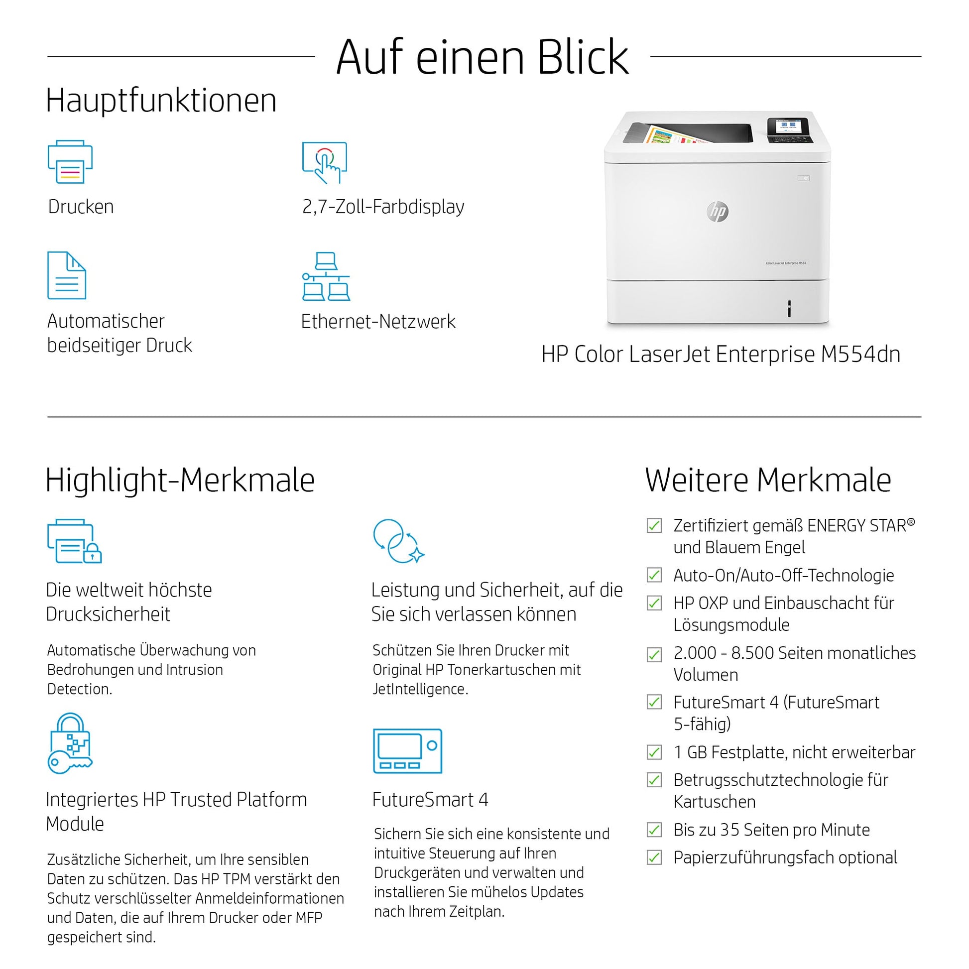 HP LaserJet Enterprise M554 dn – A4, Farbe, Duplex, 1200 × 1200 dpi