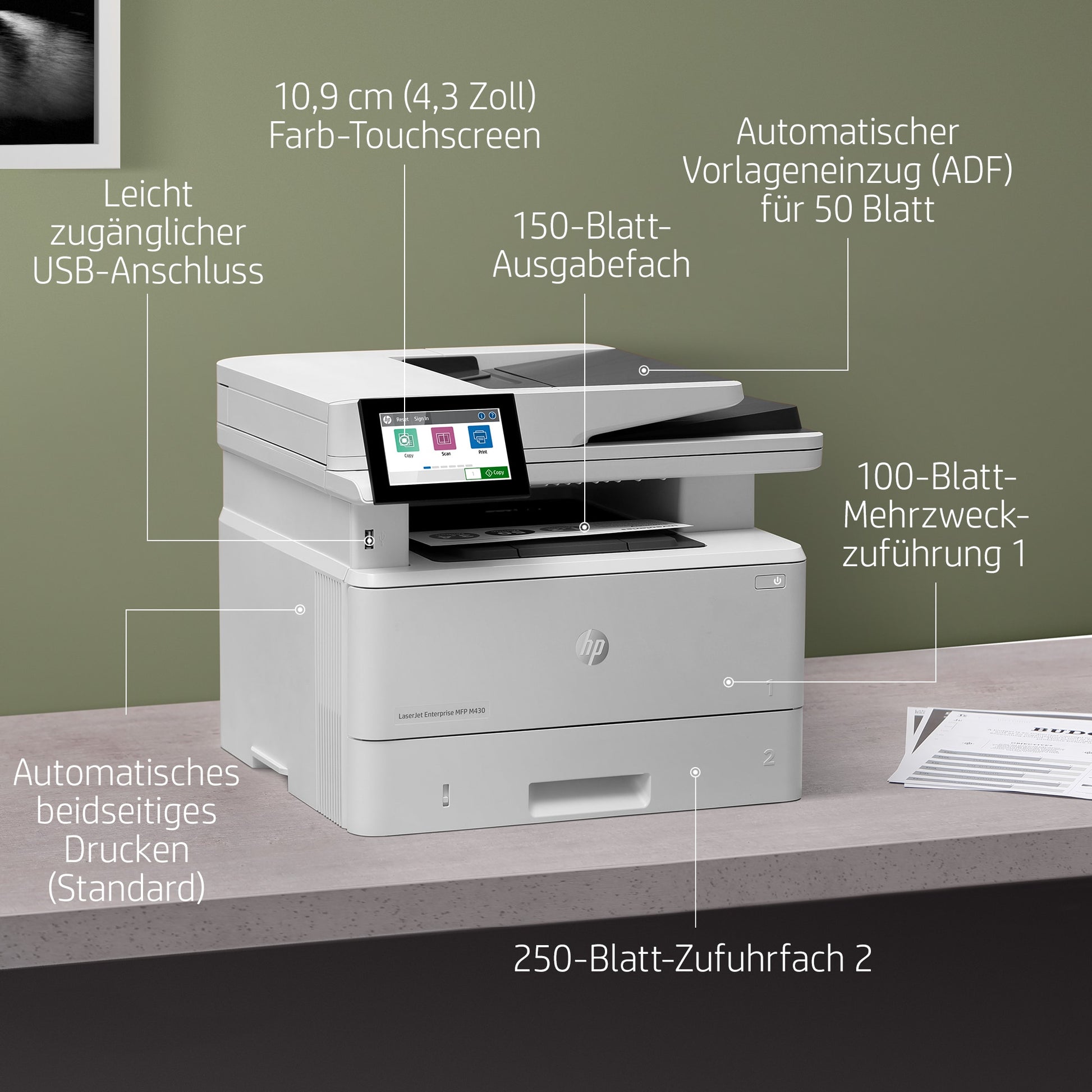 HP LaserJet Enterprise M430 f – S/W Laser-MFP, 4-in-1 – 40 Seiten pro Minute S/W