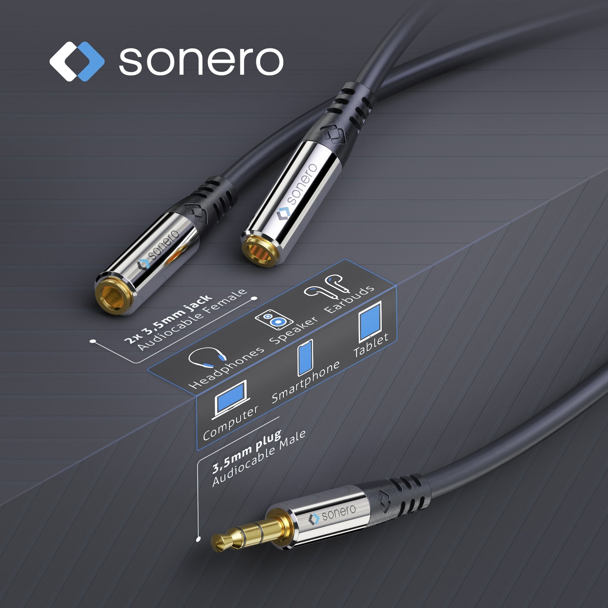 Sonero 3,5 mm Splitterkabel – 3,5 mm Klinkenstecker zu 2× 3,5 mm Klinkenbuchsen – 0,25 m, vergoldete Stecker