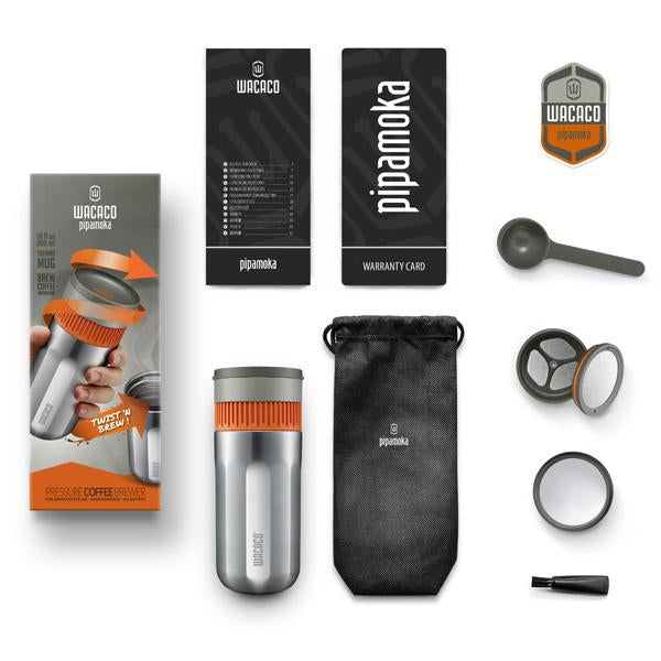 Wacaco Pipamoka Pipa French Press / Kaffeebereiter – 0,3 l, 1 Tasse, Edelstahl/Orange, 7,3 × 18,2 × 7,3 cm