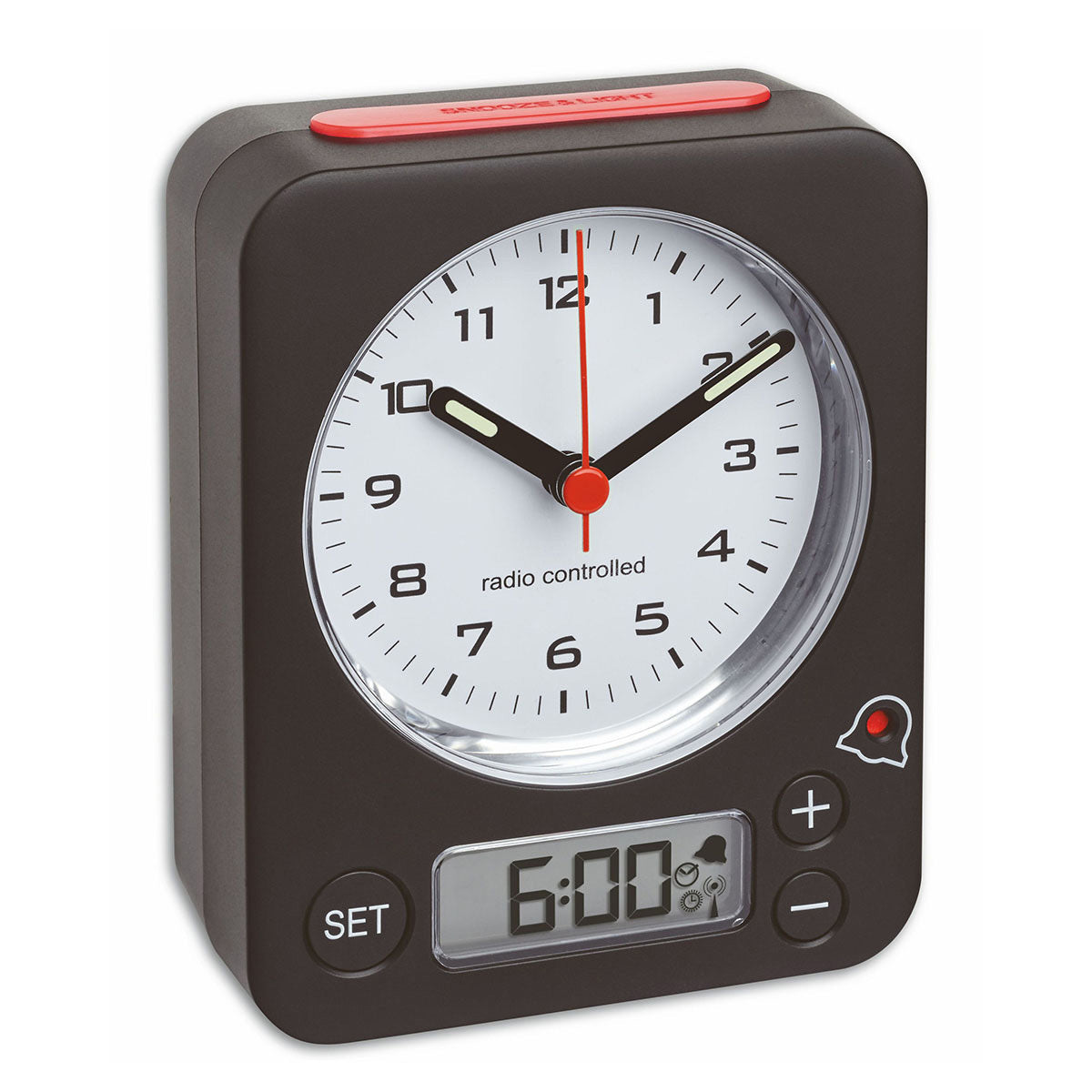 TFA-Dostmann Combo Funk-Wecker – digital – 9 × 11,5 × 4 cm, schwarz/rot, Kunststoff, Schlummerfunktion, Alarm