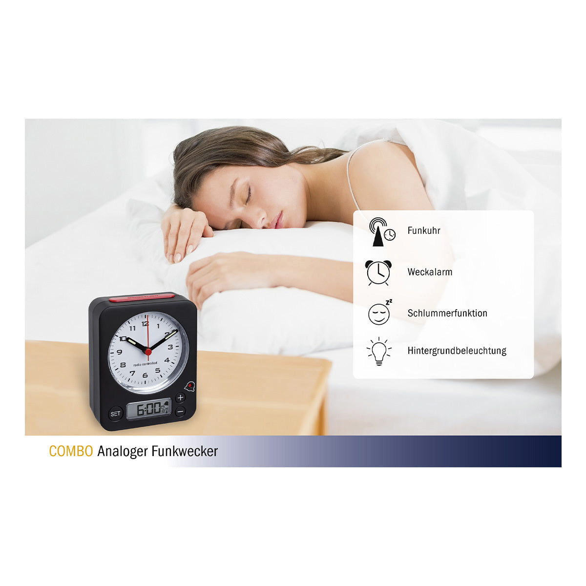 TFA-Dostmann Combo Funk-Wecker – digital – 9 × 11,5 × 4 cm, schwarz/rot, Kunststoff, Schlummerfunktion, Alarm