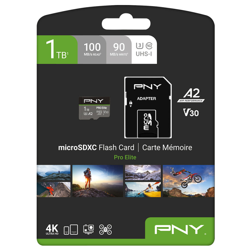 PNY Pro Elite PSDU1TBV3 microSDXC 1 TB – UHS-I, Klasse 10, U3, V30, A2, 100/90 MB/s, inkl. SD-Adapter