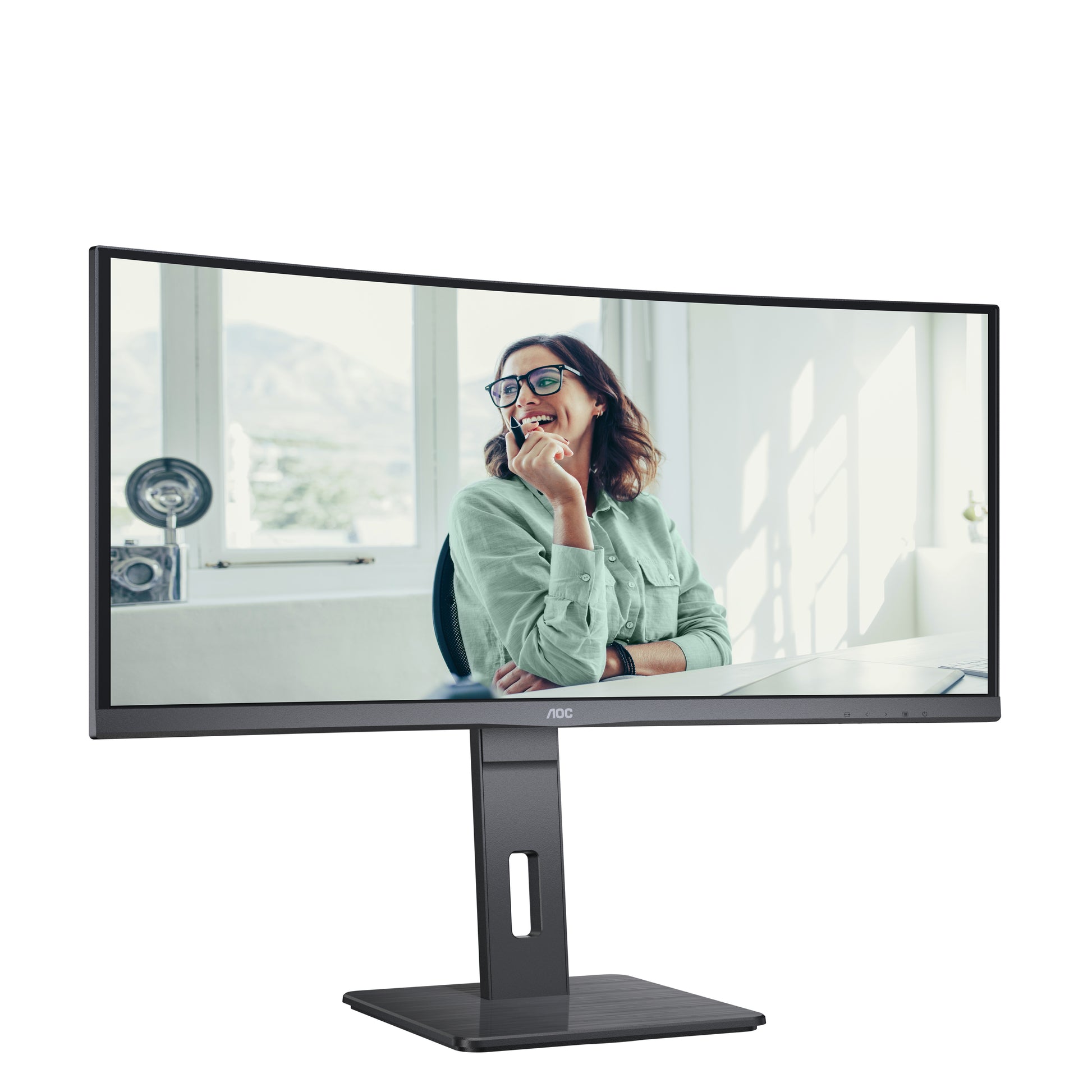 AOC Monitor, 34", 3440 × 1440 (UWQHD), VA, 100 Hz, 300 cd/m², KVM, USB-C, Gebogen, VESA 100 × 100, Schwarz