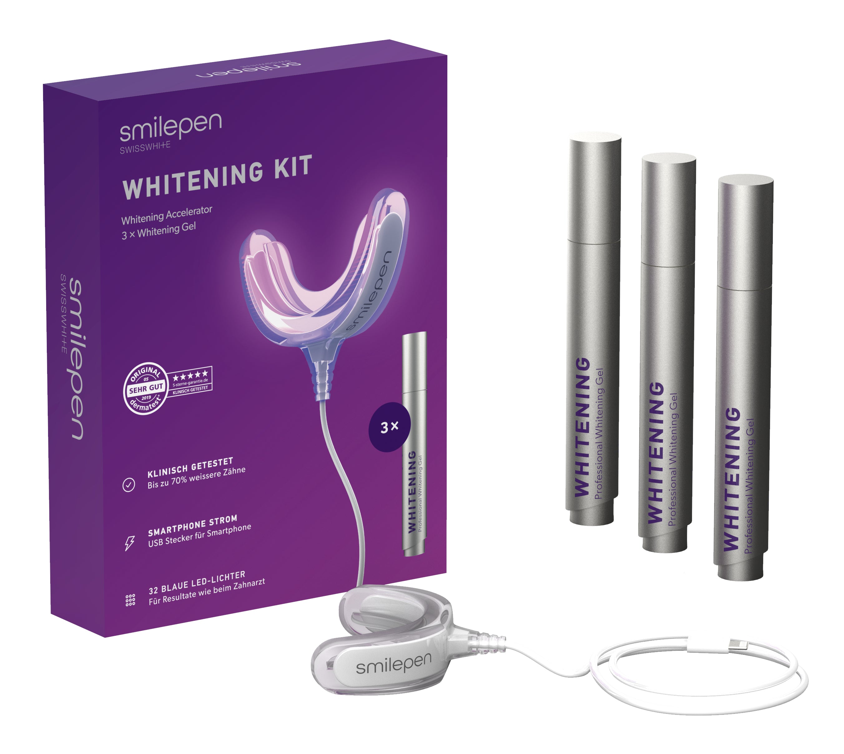 Smilepen Zahnaufhellungs-Set – für alle Smartphone-Typen – UV-Licht, Minze