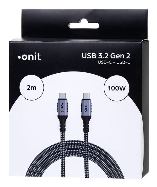 ONIT USB-C auf USB-C Kabel – USB 3.2 Gen 2 (10 Gbit/s) – 2 m – PD 100 W – Textilmantel – Schwarz/Grau