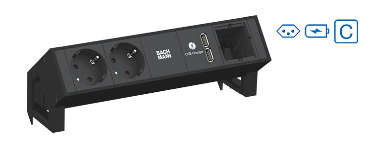 Bachmann Desk 2 Tischsteckdosenleiste, 2×T13, 2×USB, 0,2 m – schwarz