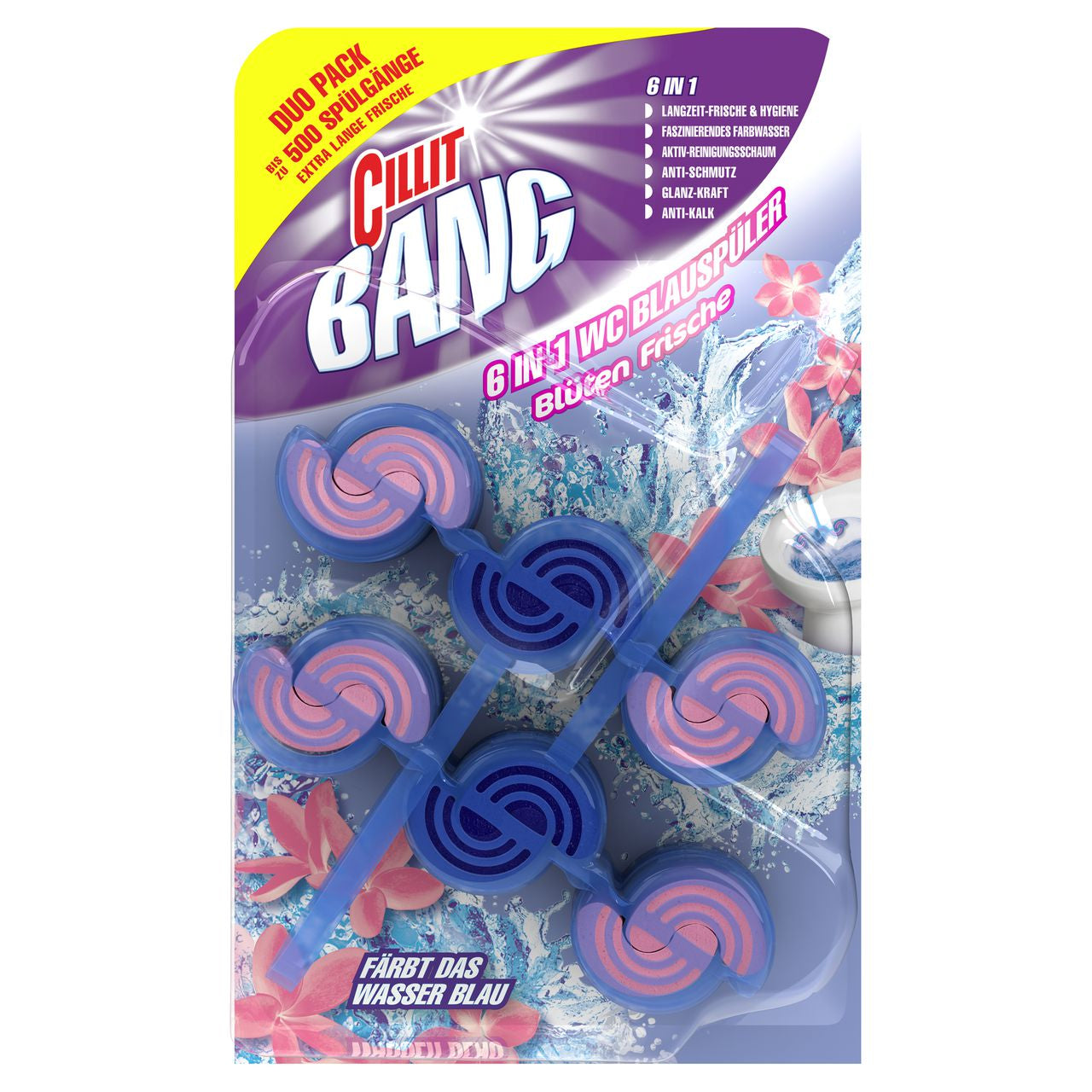 Cillit Bang 6in1 WC-Reiniger/WC-Entkalker – Blume, Fest, Felgenblock – 2×39 g