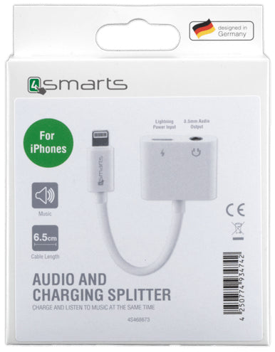 4smarts Audio- und Lade-Splitter – Adapter (Lightning auf Lightning + 3,5 mm Klinke), für iPhone/iPad – Weiss