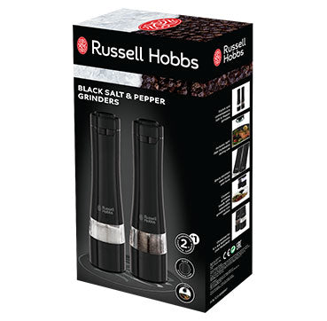 Russell Hobbs Salz- und Pfeffermühle 23,3 cm, Edelstahl, Schwarz, 2-teilig, batteriebetrieben, Keramik-Mahlwerk