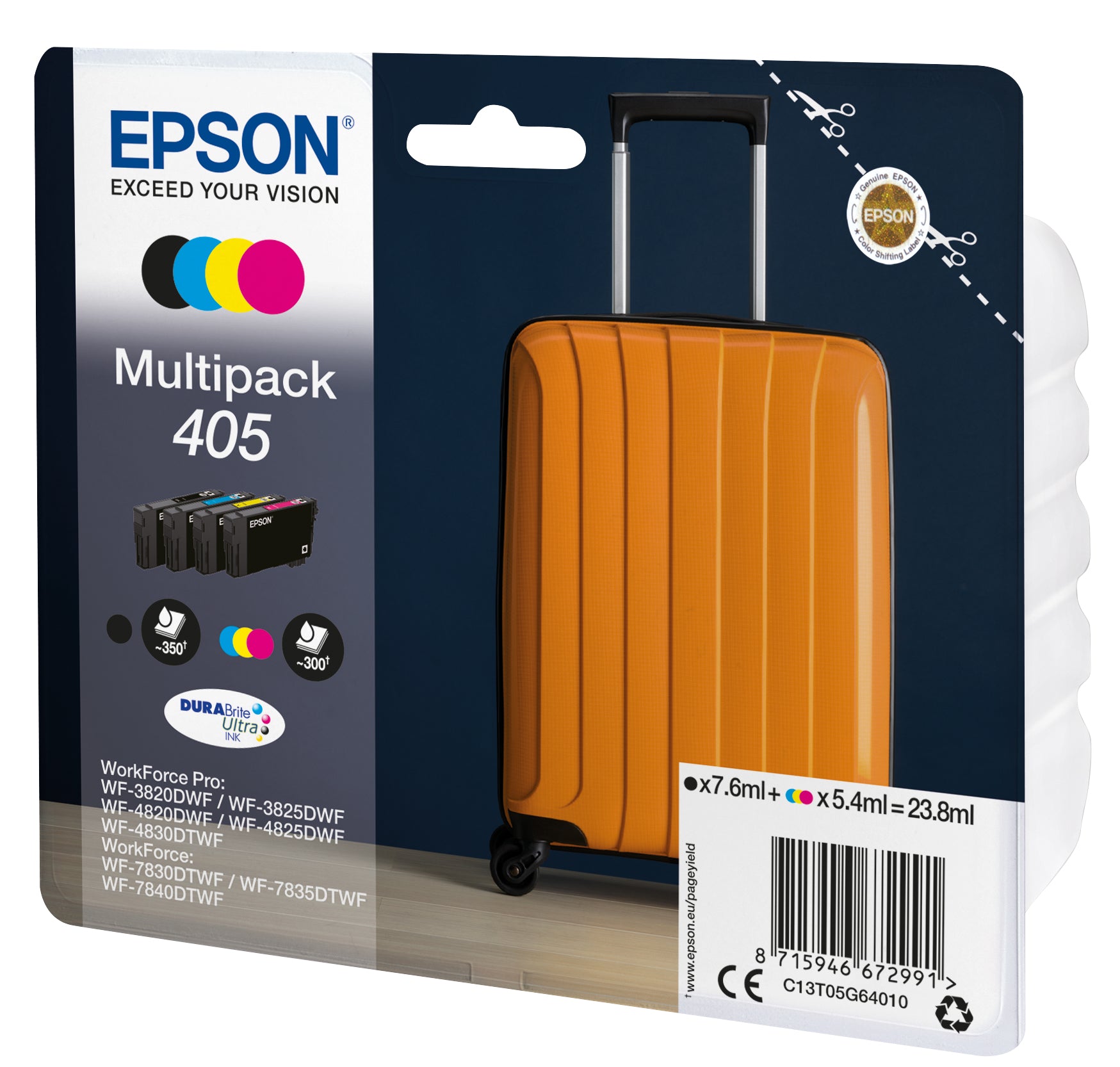 Epson 405 Tintenpatronen-Multipack, Schwarz/Cyan/Magenta/Gelb (Original) – für WorkForce Pro WF-3820/4820/4830
