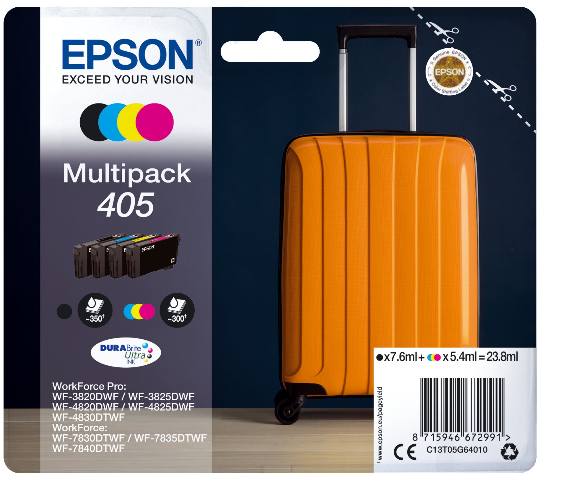 Epson 405 Tintenpatronen-Multipack, Schwarz/Cyan/Magenta/Gelb (Original) – für WorkForce Pro WF-3820/4820/4830