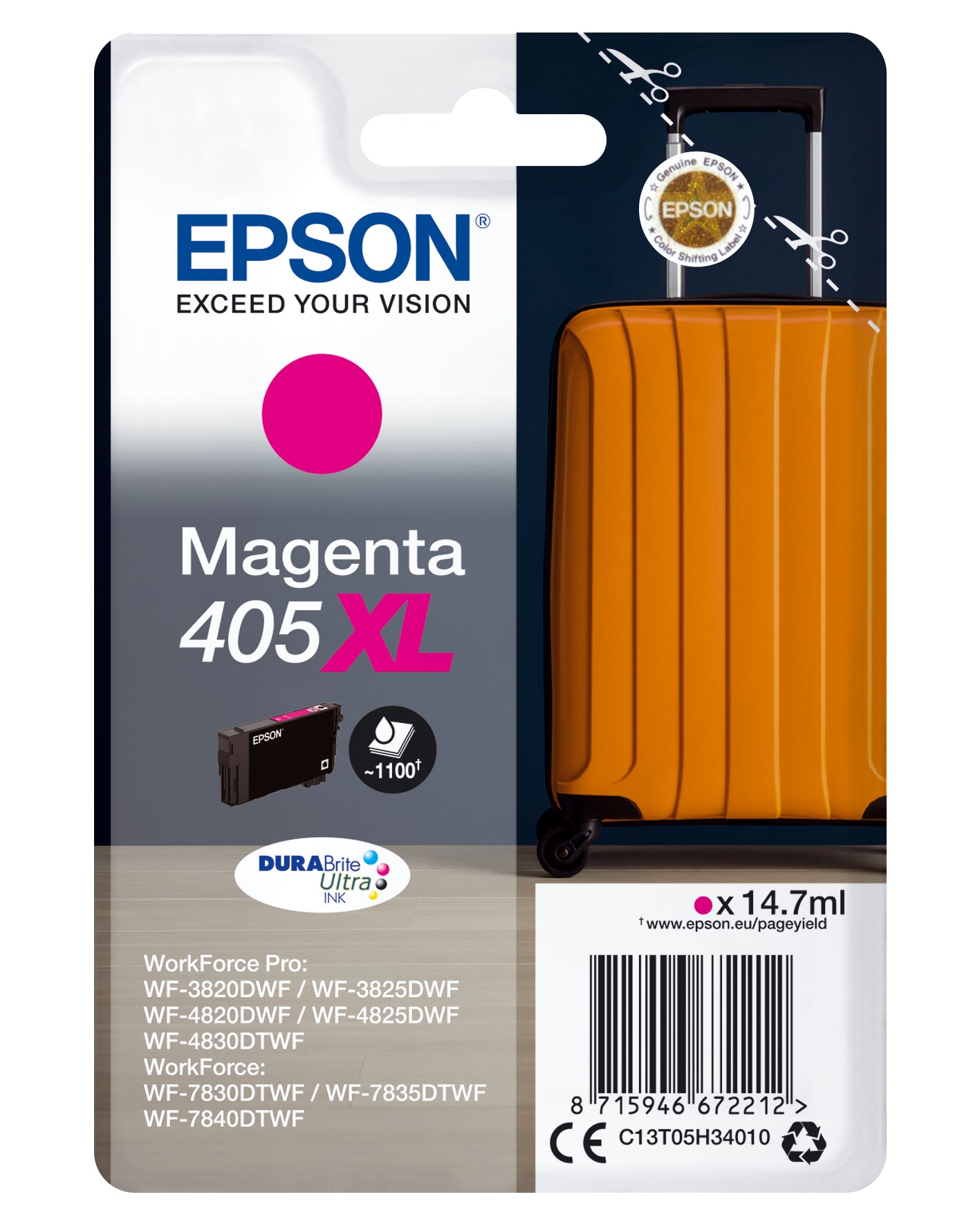 Epson 405XL Magenta Tintenpatrone (Original) – 1'100 Seiten – für Workforce Pro WF-3820DFW/4820DFW