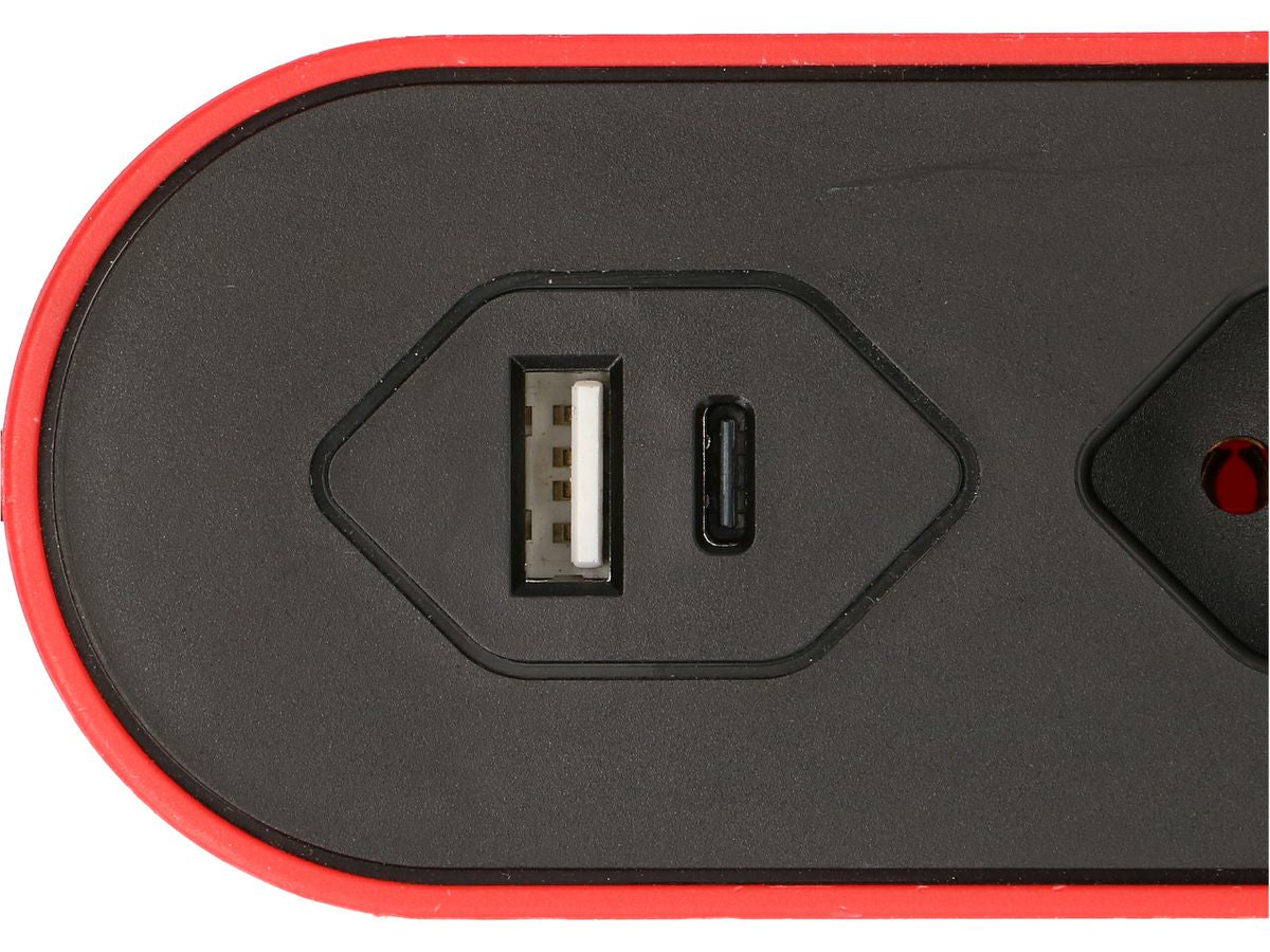 Max Hauri AG Max Hauri Design Line Steckdosenleiste – 5×T13, 2×USB (A+C), mit Schalter, 2,2 m, Überstromschutz – Rot