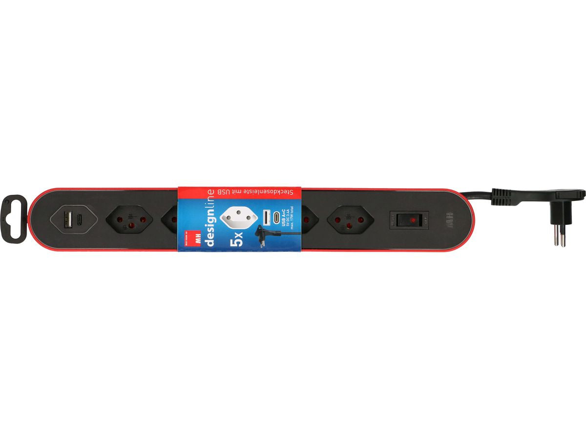 Max Hauri AG Max Hauri Design Line Steckdosenleiste – 5×T13, 2×USB (A+C), mit Schalter, 2,2 m, Überstromschutz – Rot
