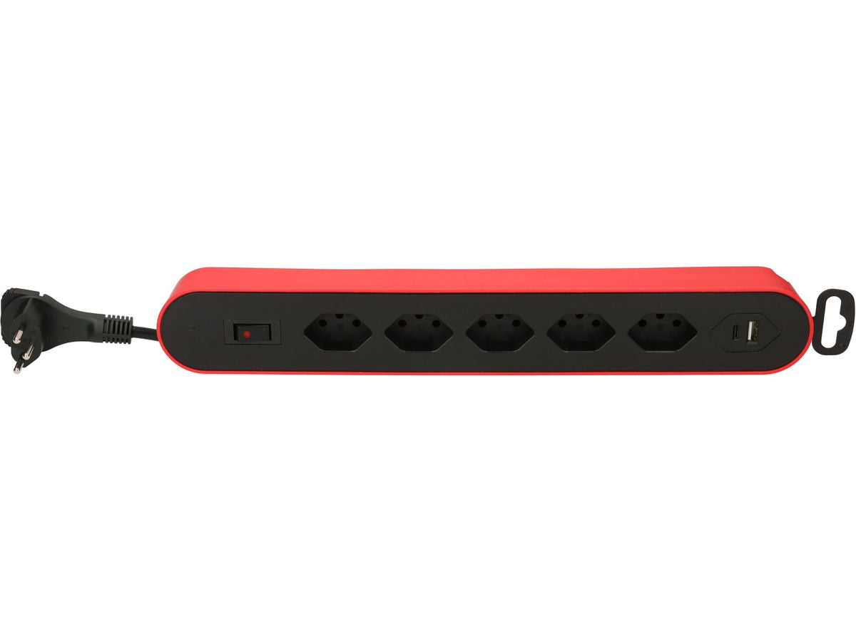 Max Hauri AG Max Hauri Design Line Steckdosenleiste – 5×T13, 2×USB (A+C), mit Schalter, 2,2 m, Überstromschutz – Rot