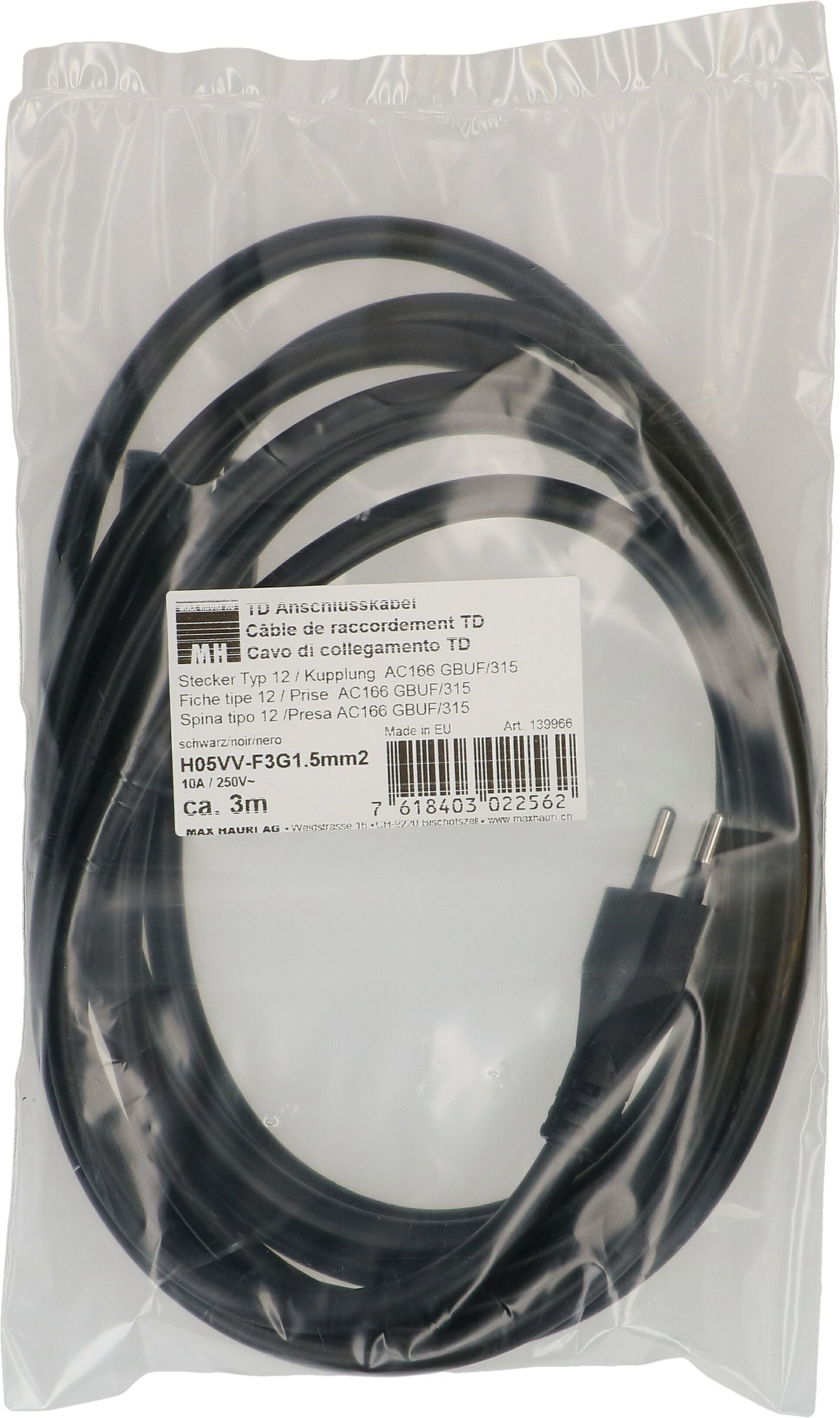 Max Hauri AG Max Hauri Netzkabel – T12–GST18I3, 3 m, 10 A, schwarz