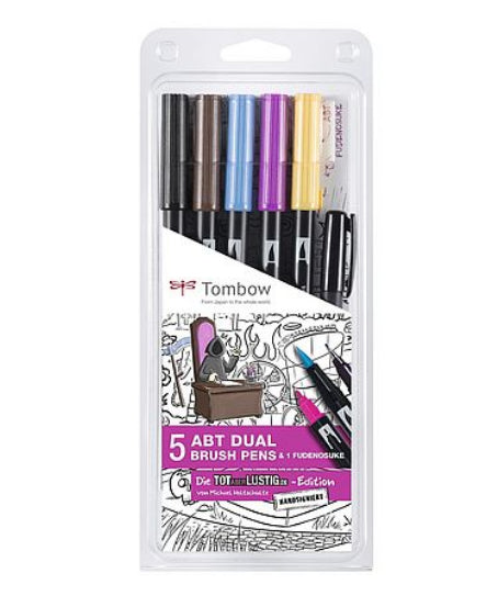 Tombow ABT Brush Pen, Doppelspitze – Pinsel/fein, 0,8–3,3 mm, wasservermalbar, 5 Farben