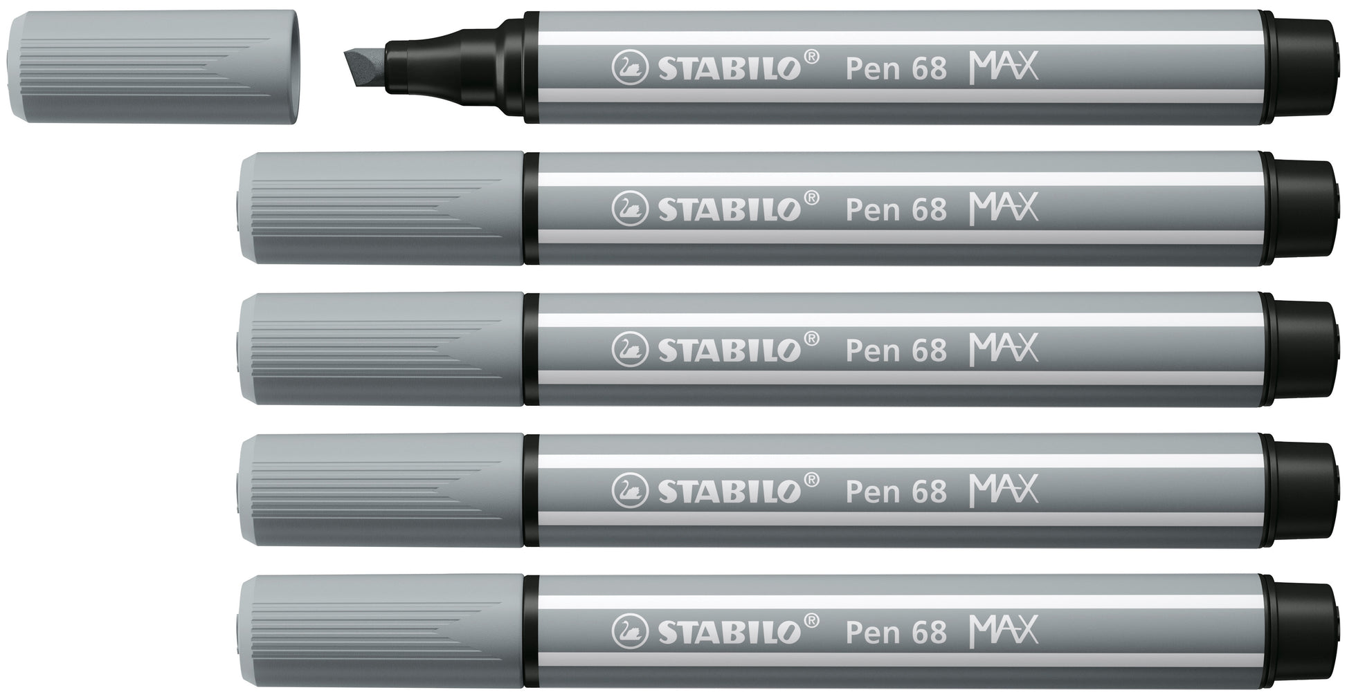 STABILO Pen 68 MAX Filzstift – Keilspitze, 1–5 mm, wasservermalbar, mittelgrau, 5er Set