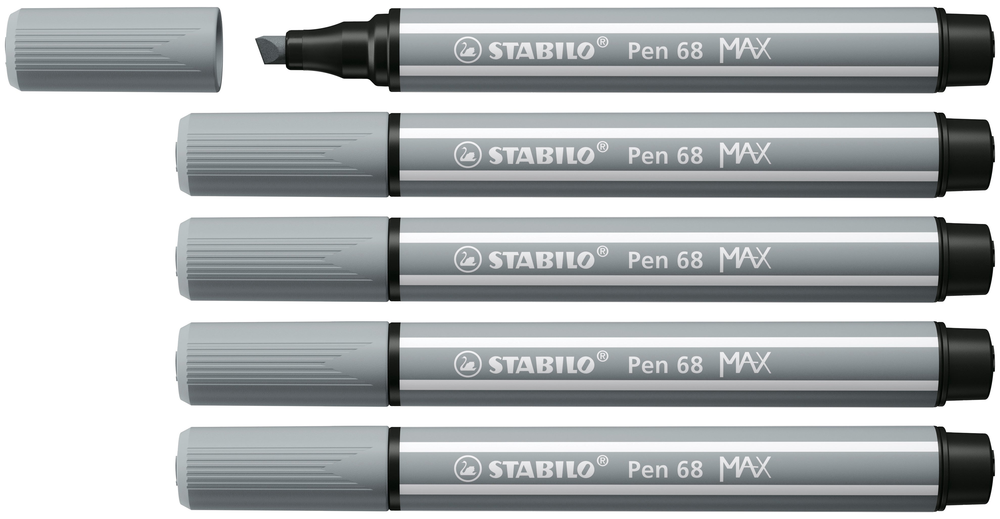 STABILO Pen 68 MAX Filzstift – Keilspitze, 1–5 mm, wasservermalbar, mittelgrau, 5er Set