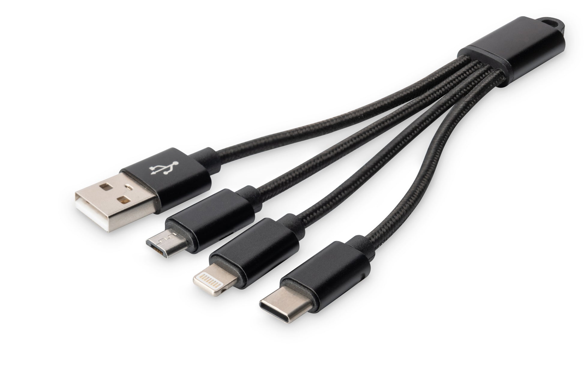 Digitus USB-Kabel USB-A auf 3-in-1 Lightning/Micro-USB-B/USB-C – 0,15 m – Nickelkontakte – Schwarz