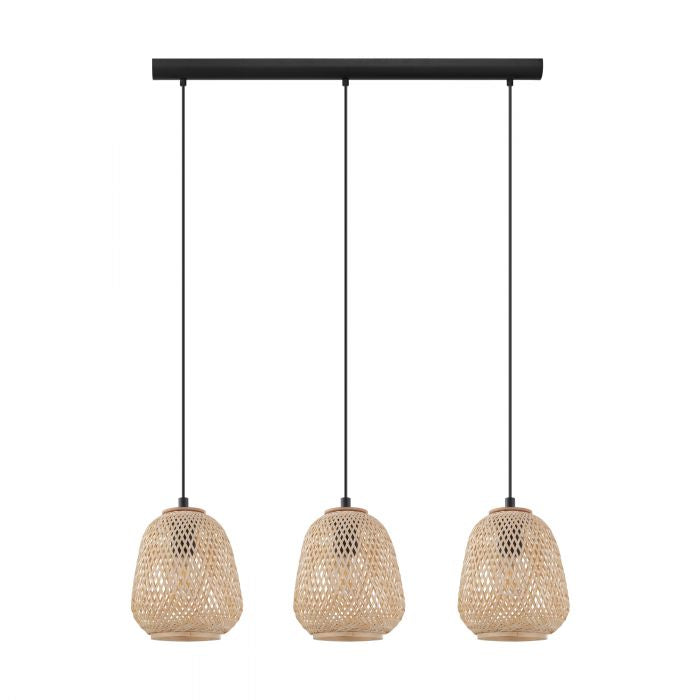 EGLO Hängeleuchte DEMBLEBY – 20 × 110 cm, 120 W, dimmbar, schwarz/holz, exkl. Leuchtmittel, E27, 3-flammig