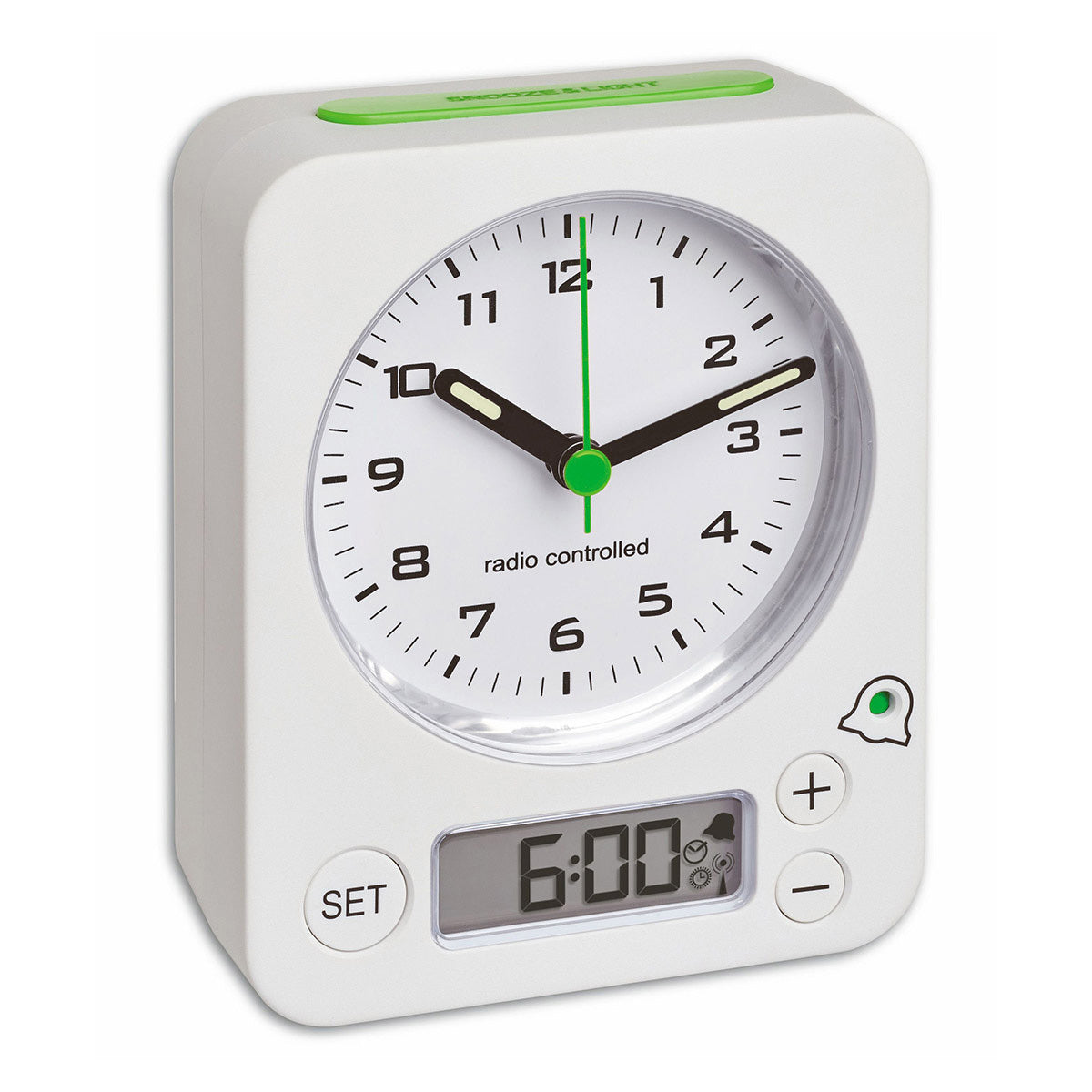 TFA-Dostmann TFA Dostmann COMBO Digitalwecker – Funk, Snooze, 9 × 11,5 × 4 cm, weiss/grün, Kunststoff