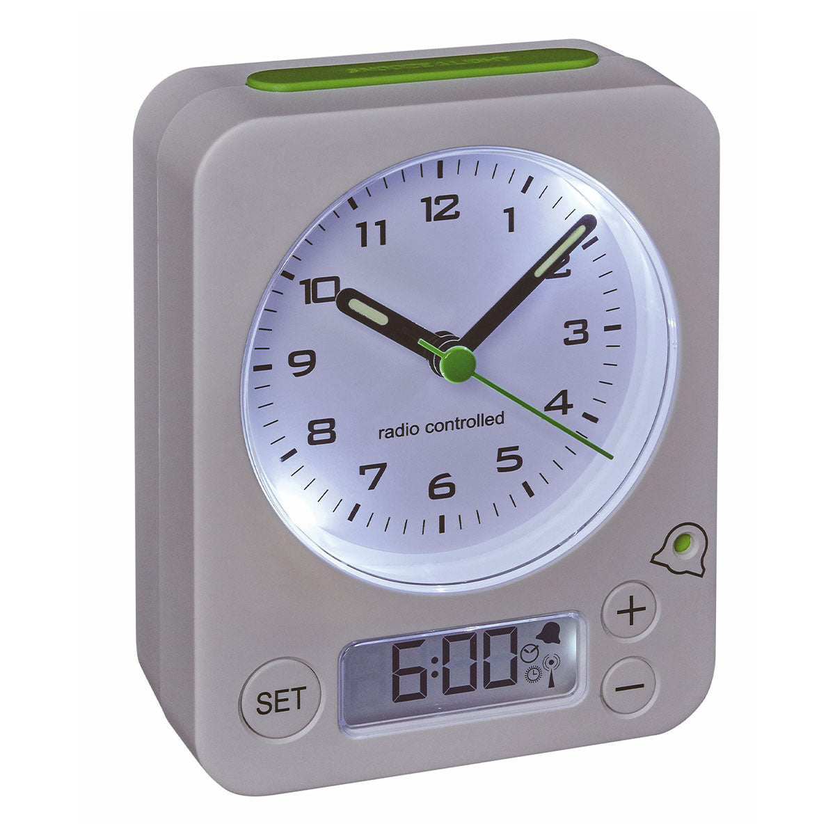 TFA-Dostmann TFA Dostmann COMBO Digitalwecker – Funk, Snooze, 9 × 11,5 × 4 cm, weiss/grün, Kunststoff