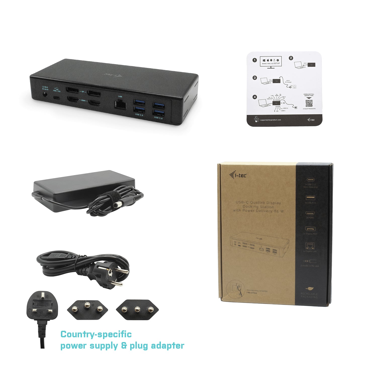 i-tec Quattro Dockingstation – USB-C, 2× DP, 2× HDMI, 5× USB-A, 2× USB-C, 85 W PD, GbE, für Windows/Mac/Linux