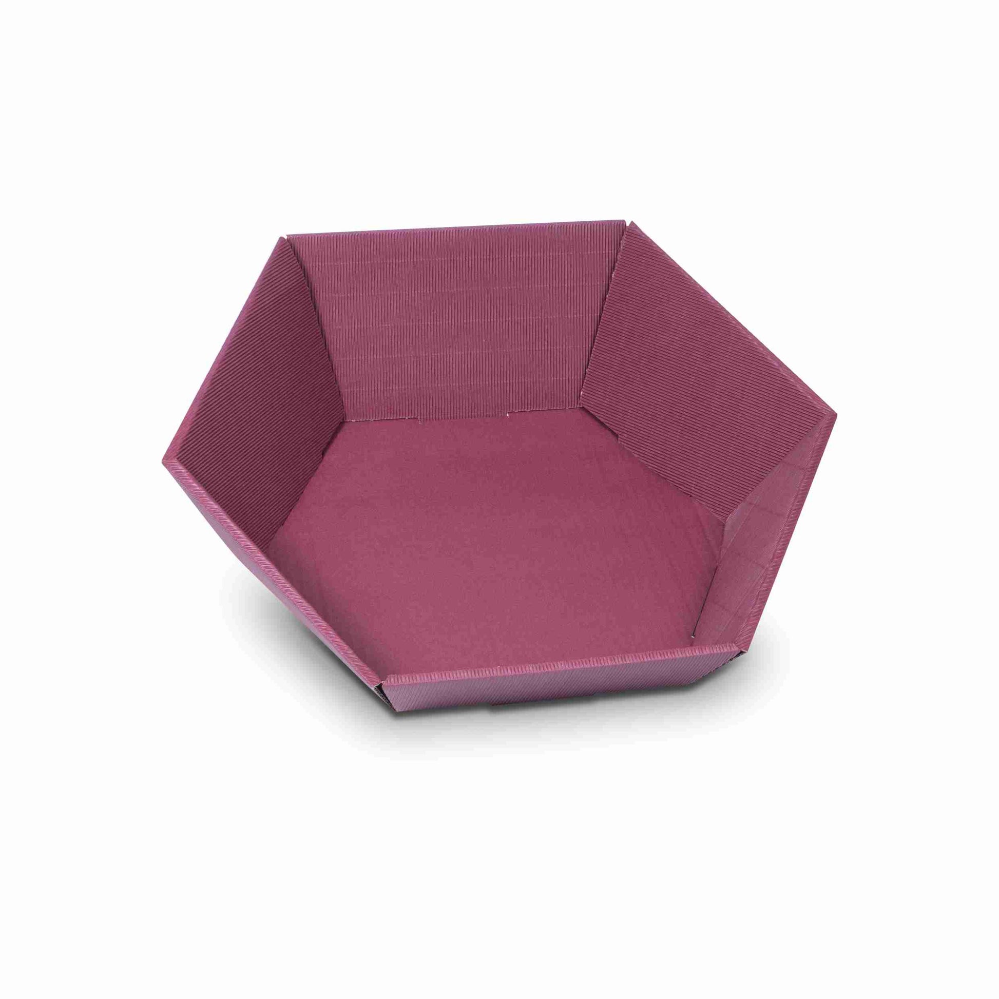 Model Geschenkkorb sechseckig, Wellpappe, weinrot – Innenmass 465 × 415 × 90 mm – für Weinflaschen – 1 Stk., ab 20 Stk.