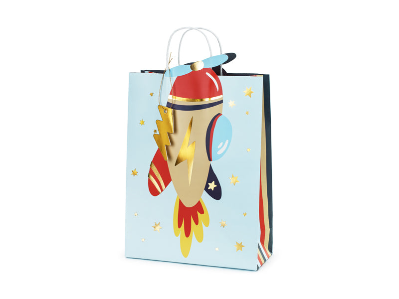 PartyDeco Geschenktasche Flugzeug, Motive sortiert – 100 × 240 × 355 mm – mit weissem Henkel – Mottoparty