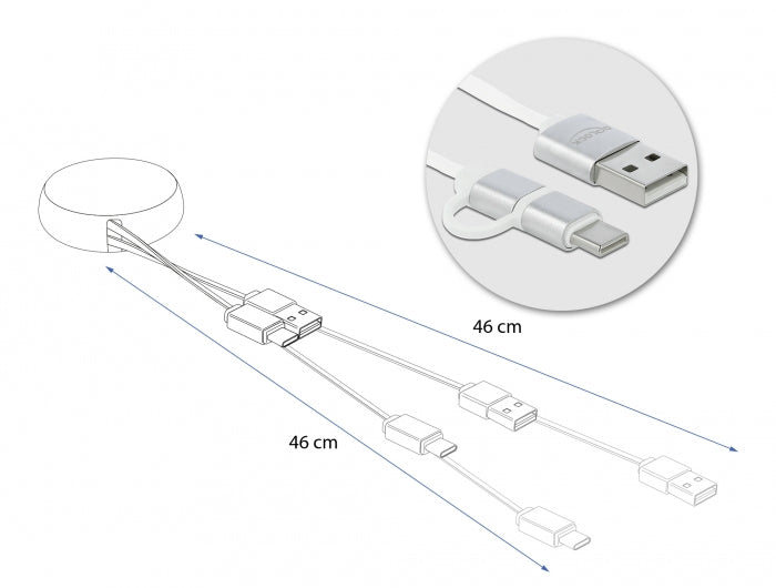 DeLOCK USB-Kabel – USB-A auf USB-C/Micro-USB-B – USB 2.0 (480 Mbit/s) – 0,92 m – Weiss/Silber