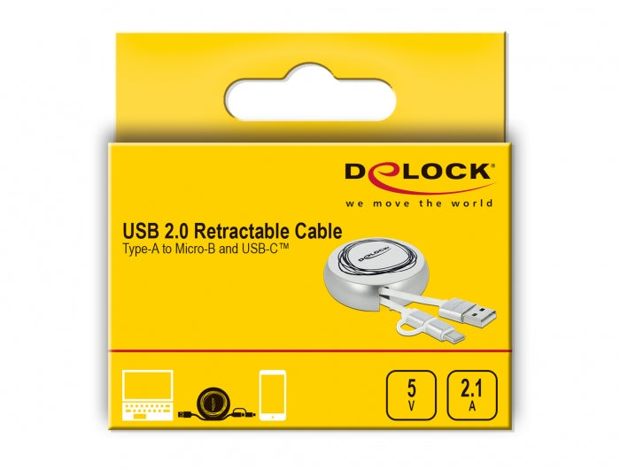 DeLOCK USB-Kabel – USB-A auf USB-C/Micro-USB-B – USB 2.0 (480 Mbit/s) – 0,92 m – Weiss/Silber