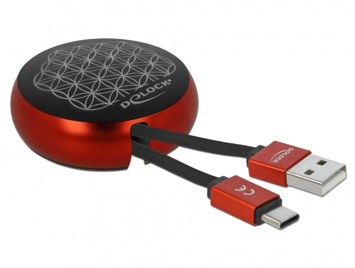 DeLOCK Daten- & Ladekabel – USB-A auf USB-C 0,92 m, 10,5 W, aufrollbar, Schwarz/Rot