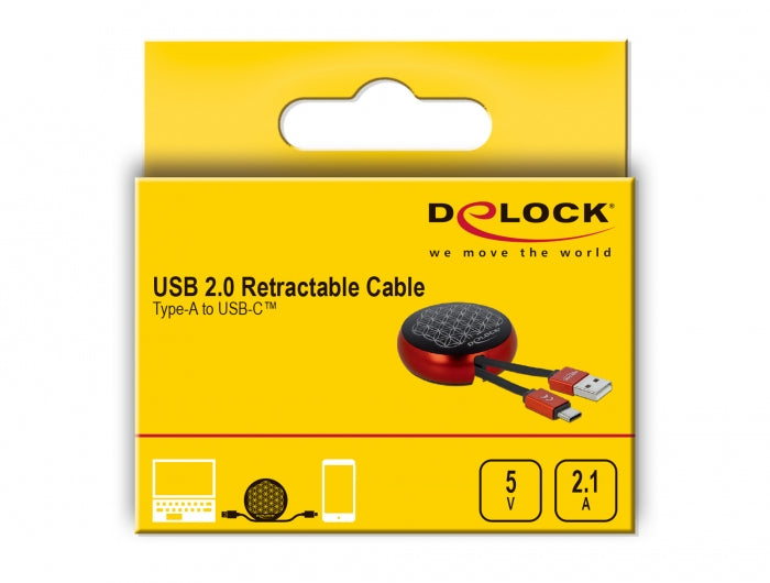 DeLOCK Daten- & Ladekabel – USB-A auf USB-C 0,92 m, 10,5 W, aufrollbar, Schwarz/Rot