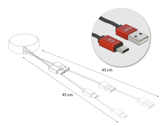 DeLOCK Daten- & Ladekabel – USB-A auf USB-C 0,92 m, 10,5 W, aufrollbar, Schwarz/Rot