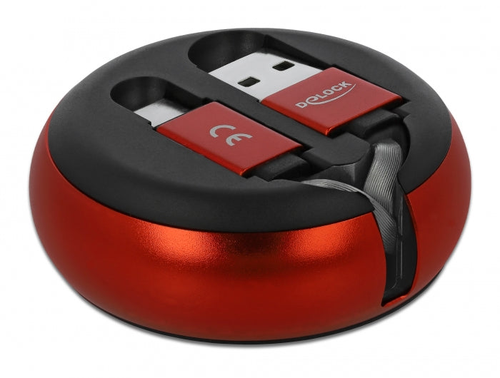 DeLOCK Daten- & Ladekabel – USB-A auf USB-C 0,92 m, 10,5 W, aufrollbar, Schwarz/Rot
