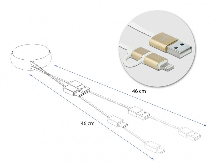 DeLOCK Multi-Kabel – 2-in-1 USB-A auf Micro-USB/Lightning 0,92 m, 10,5 W, aufrollbar – für iPhone/Android