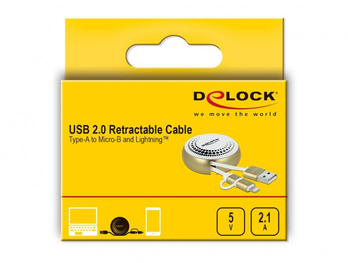DeLOCK Multi-Kabel – 2-in-1 USB-A auf Micro-USB/Lightning 0,92 m, 10,5 W, aufrollbar – für iPhone/Android