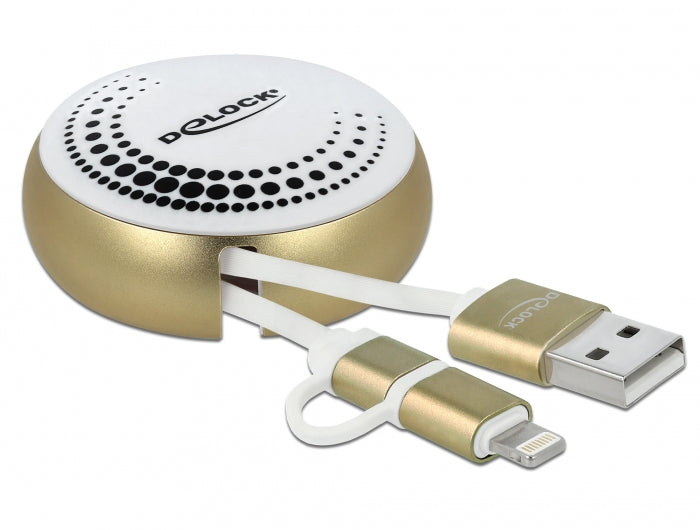 DeLOCK Multi-Kabel – 2-in-1 USB-A auf Micro-USB/Lightning 0,92 m, 10,5 W, aufrollbar – für iPhone/Android