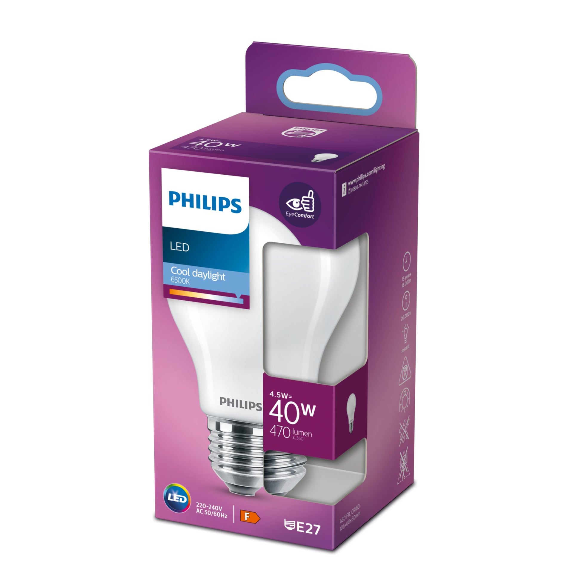 Philips by Signify Philips LED-Leuchtmittel E27 A-Form – Kaltweiss 6500 K, 470 lm, 4,5 W – 1 Stk.