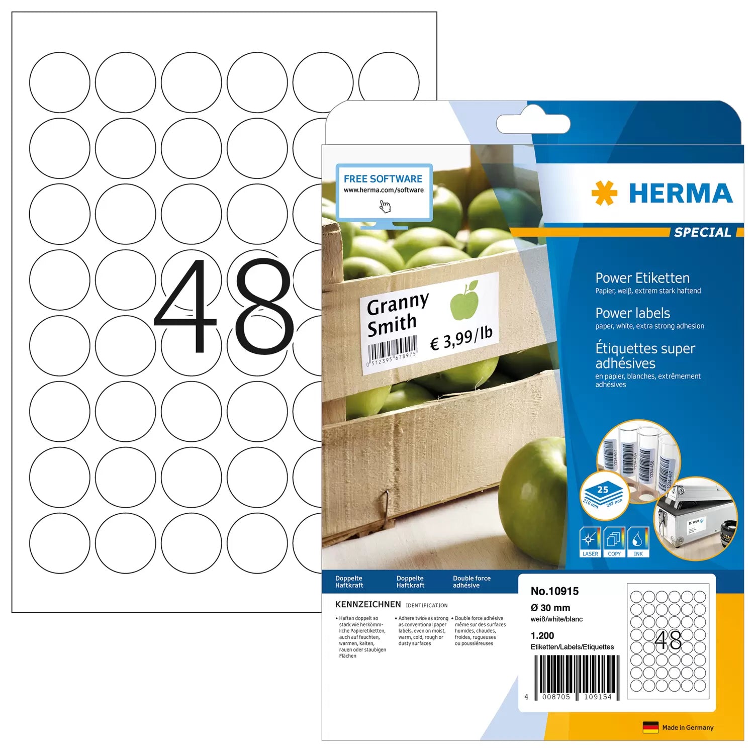 HERMA Druckeretiketten, Ø 30 mm, weiss, Papier, extra stark, Packung 25 Blatt